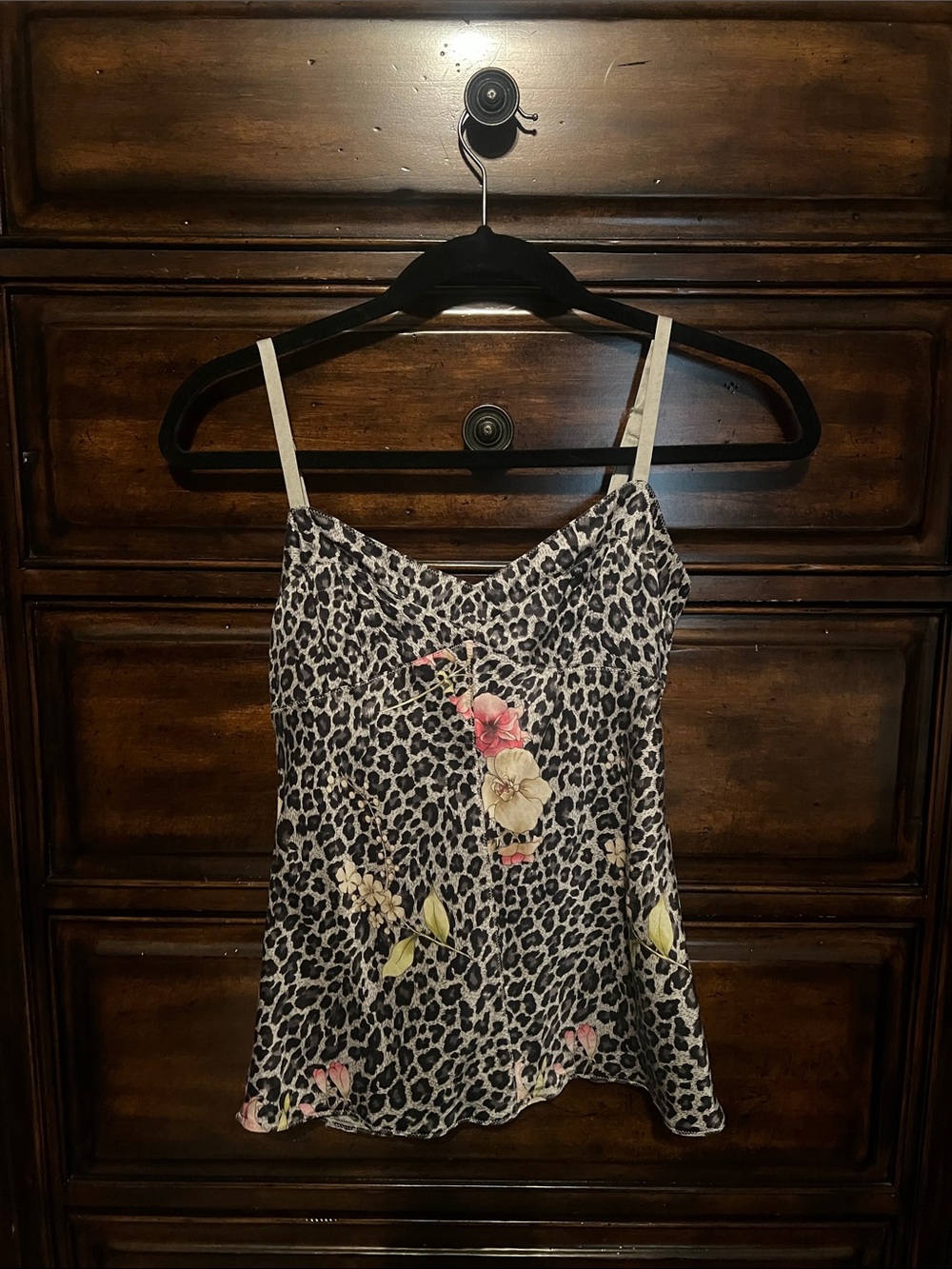 Leopard Print Floral Cami Tank Top - Black & White with Pink Accents